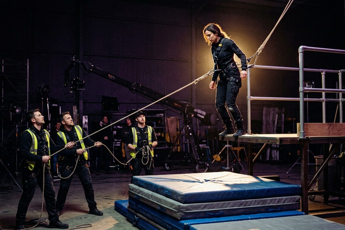 Stuntperson bersiap melakukan adegan lompat dengan pengaman dan matras di lokasi syuting