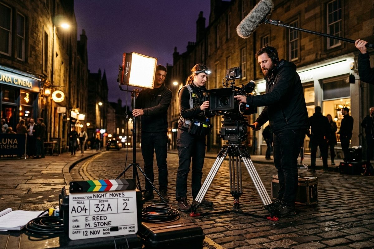 Kru film menyiapkan kamera, lampu, dan alat rekam suara di lokasi syuting