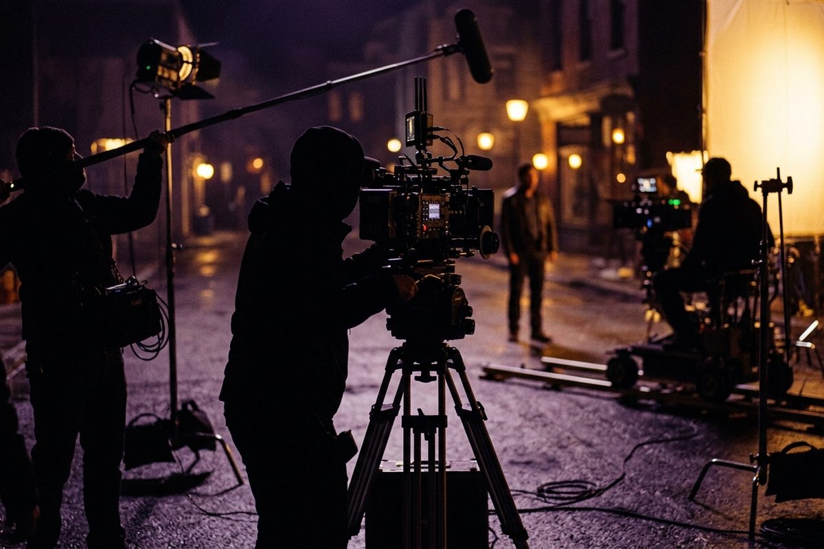 Siluet kru produksi film bekerja di belakang layar dengan lampu gedung